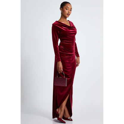 Quiz Clothing Berry Velvet Cowl Long Sleeve Maxi Dress