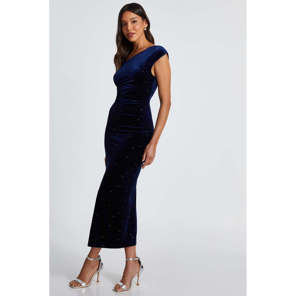Quiz Clothing Navy Studded Velvet Short Sleeve Midi Dress