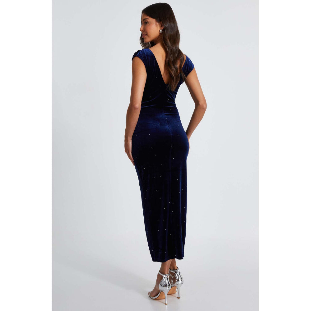 Quiz Clothing Navy Studded Velvet Short Sleeve Midi Dress