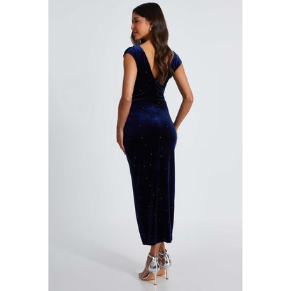 Quiz Clothing Navy Studded Velvet Short Sleeve Midi Dress