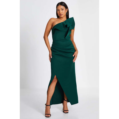 Quiz Clothing Bottle Green One Shoulder Ruffle Wrap Maxi Dress