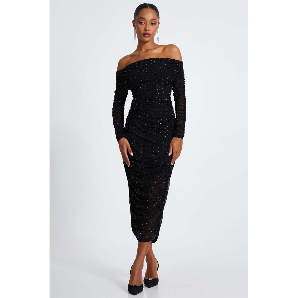 Quiz Clothing Black Mesh Studded Bardot Long Sleeve Midi Dress