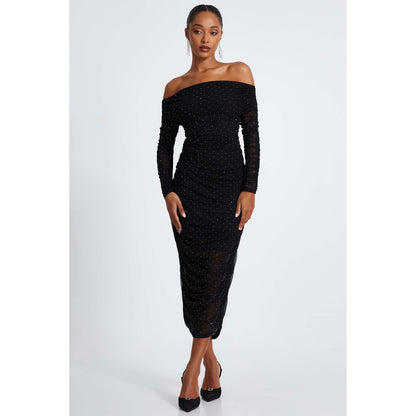 Quiz Clothing Black Mesh Studded Bardot Long Sleeve Midi Dress