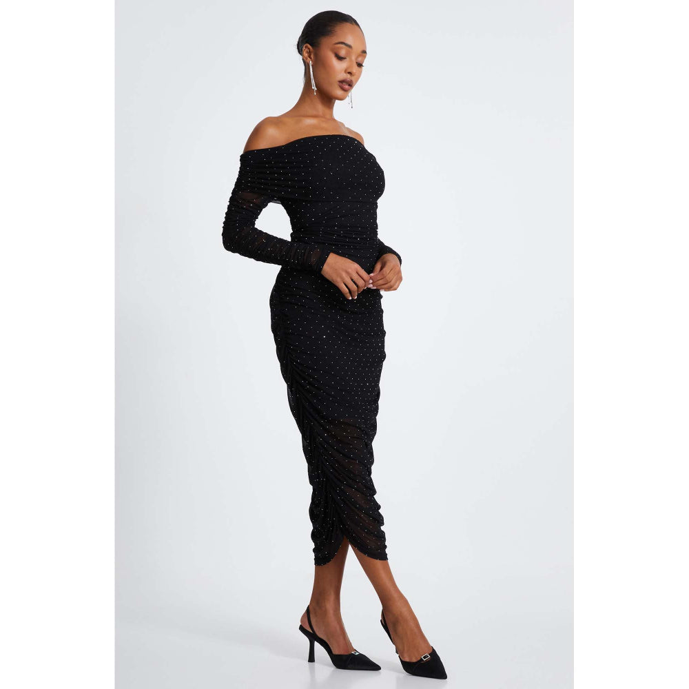 Quiz Clothing Black Mesh Studded Bardot Long Sleeve Midi Dress