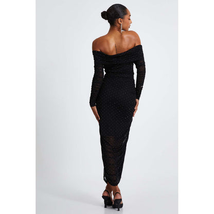 Quiz Clothing Black Mesh Studded Bardot Long Sleeve Midi Dress