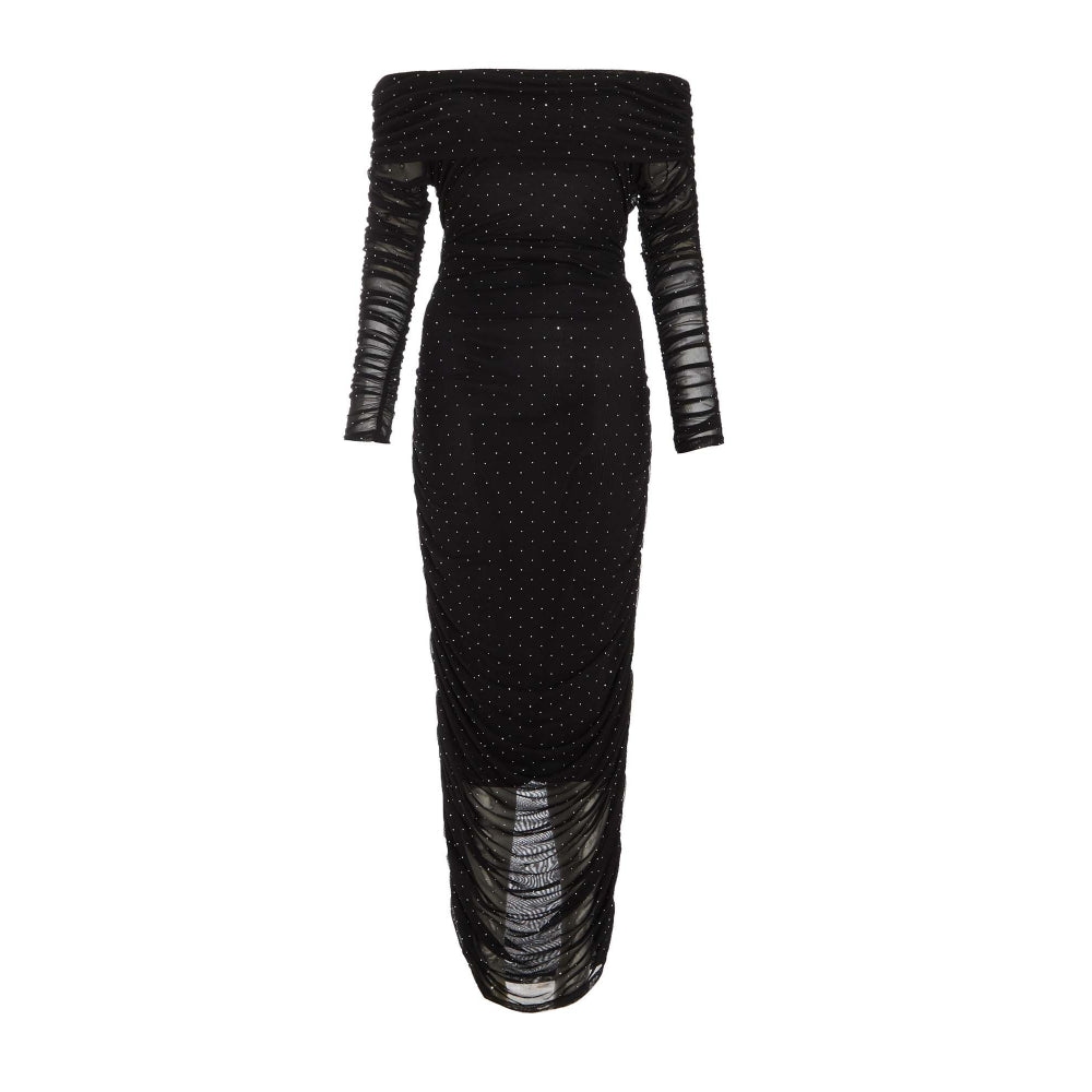 Quiz Clothing Black Mesh Studded Bardot Long Sleeve Midi Dress