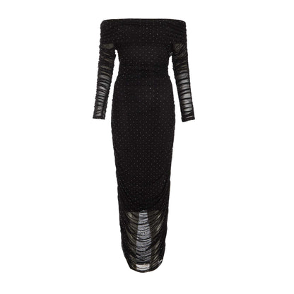 Quiz Clothing Black Mesh Studded Bardot Long Sleeve Midi Dress