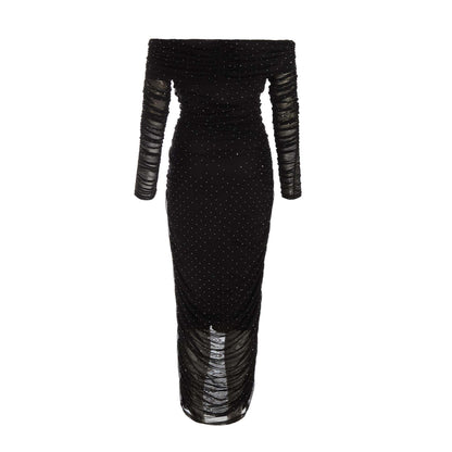 Quiz Clothing Black Mesh Studded Bardot Long Sleeve Midi Dress