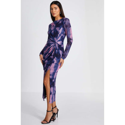 Quiz Clothing Navy Marble Hotfix Mesh Knot Front Midi Dress