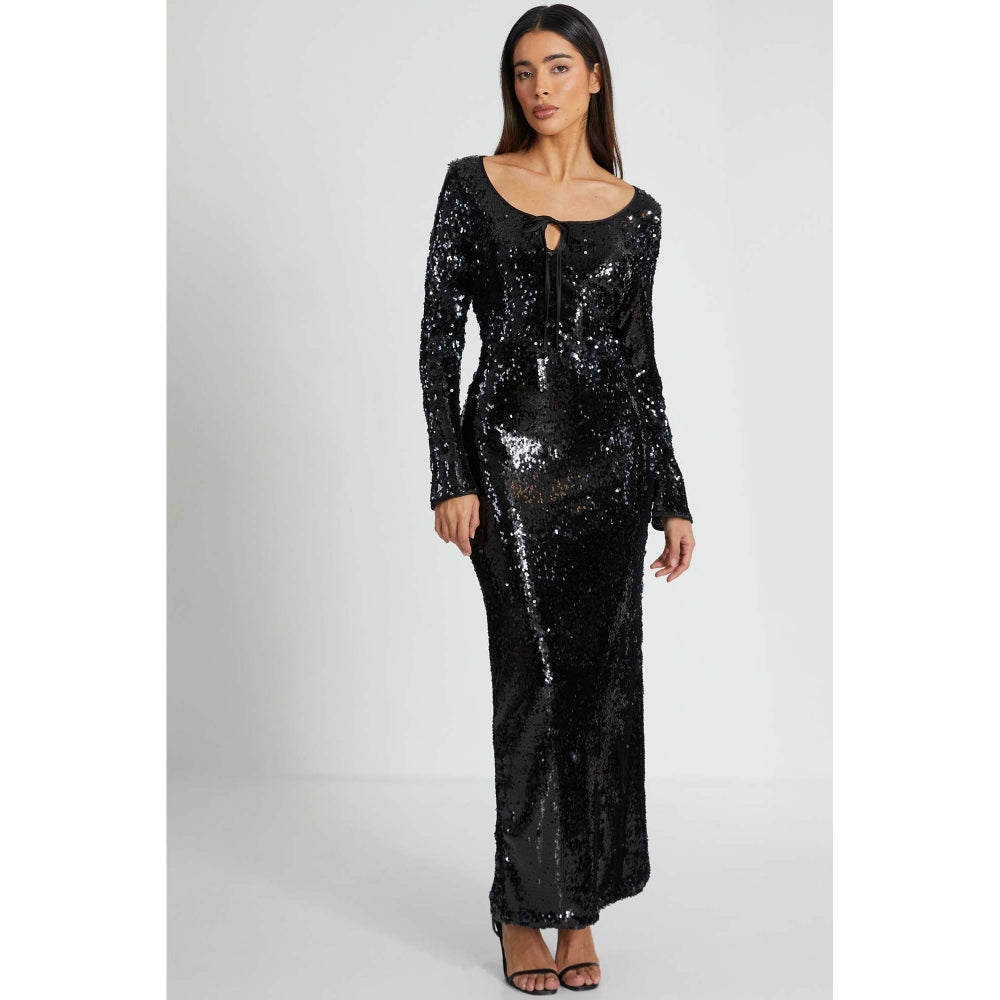 Quiz Clothing Black Sequin Tie Front Maxi Dress