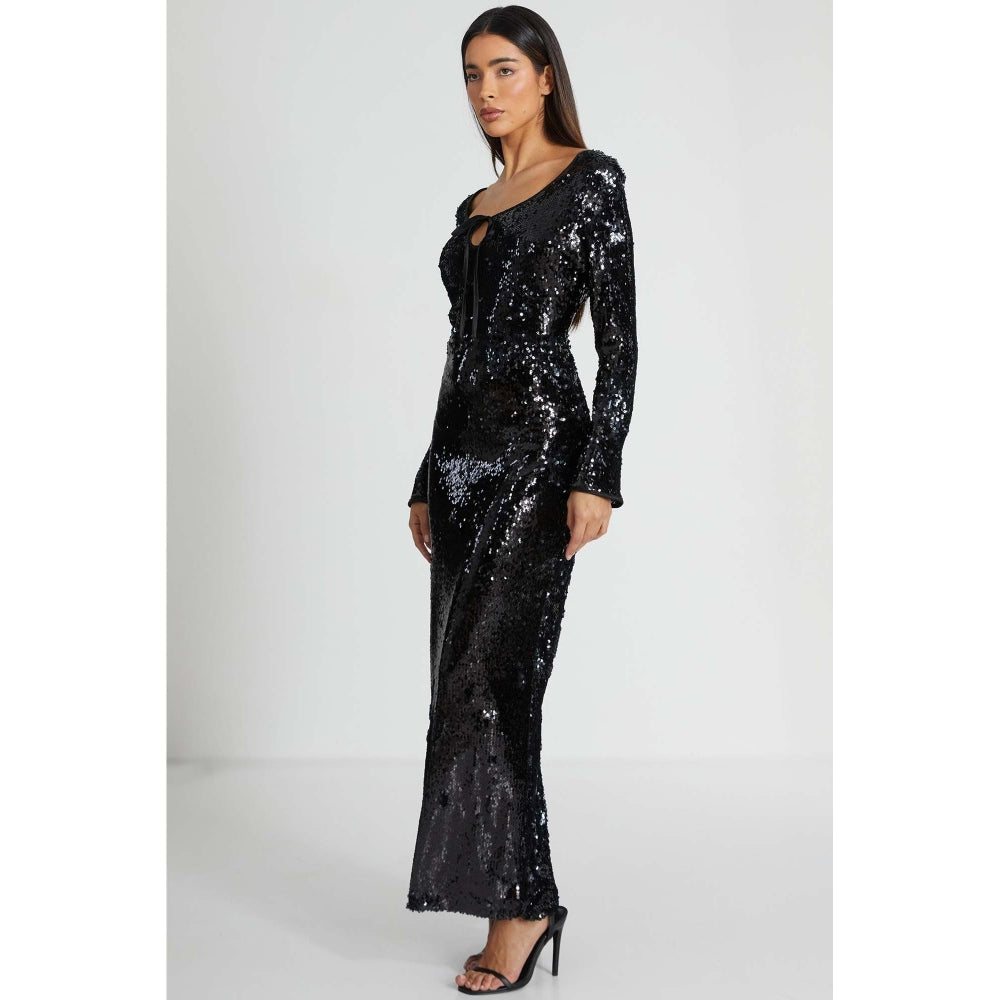 Quiz Clothing Black Sequin Tie Front Maxi Dress