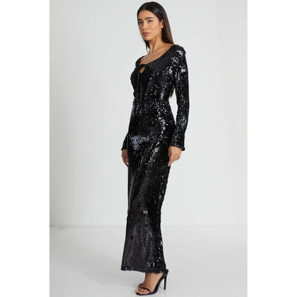 Quiz Clothing Black Sequin Tie Front Maxi Dress