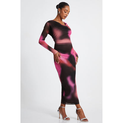Quiz Clothing Multicolor Tie And Dye Cowl Neck Long Sleeve Midi Dress
