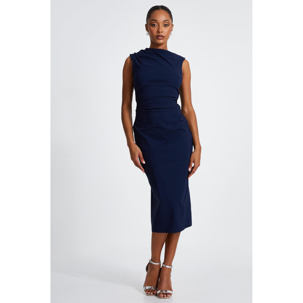 Quiz Clothing Blue High Neck Ruched Sleeveless Bodycon Midi Dress