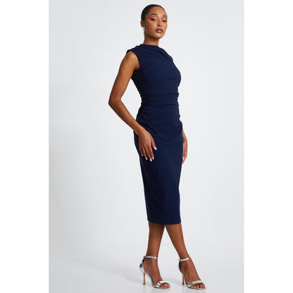 Quiz Clothing Blue High Neck Ruched Sleeveless Bodycon Midi Dress