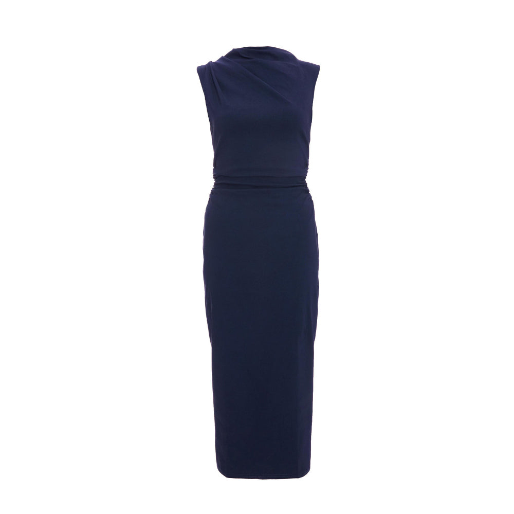 Quiz Clothing Blue High Neck Ruched Sleeveless Bodycon Midi Dress