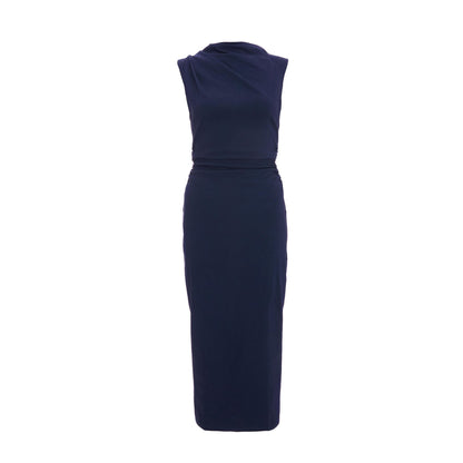Quiz Clothing Blue High Neck Ruched Sleeveless Bodycon Midi Dress