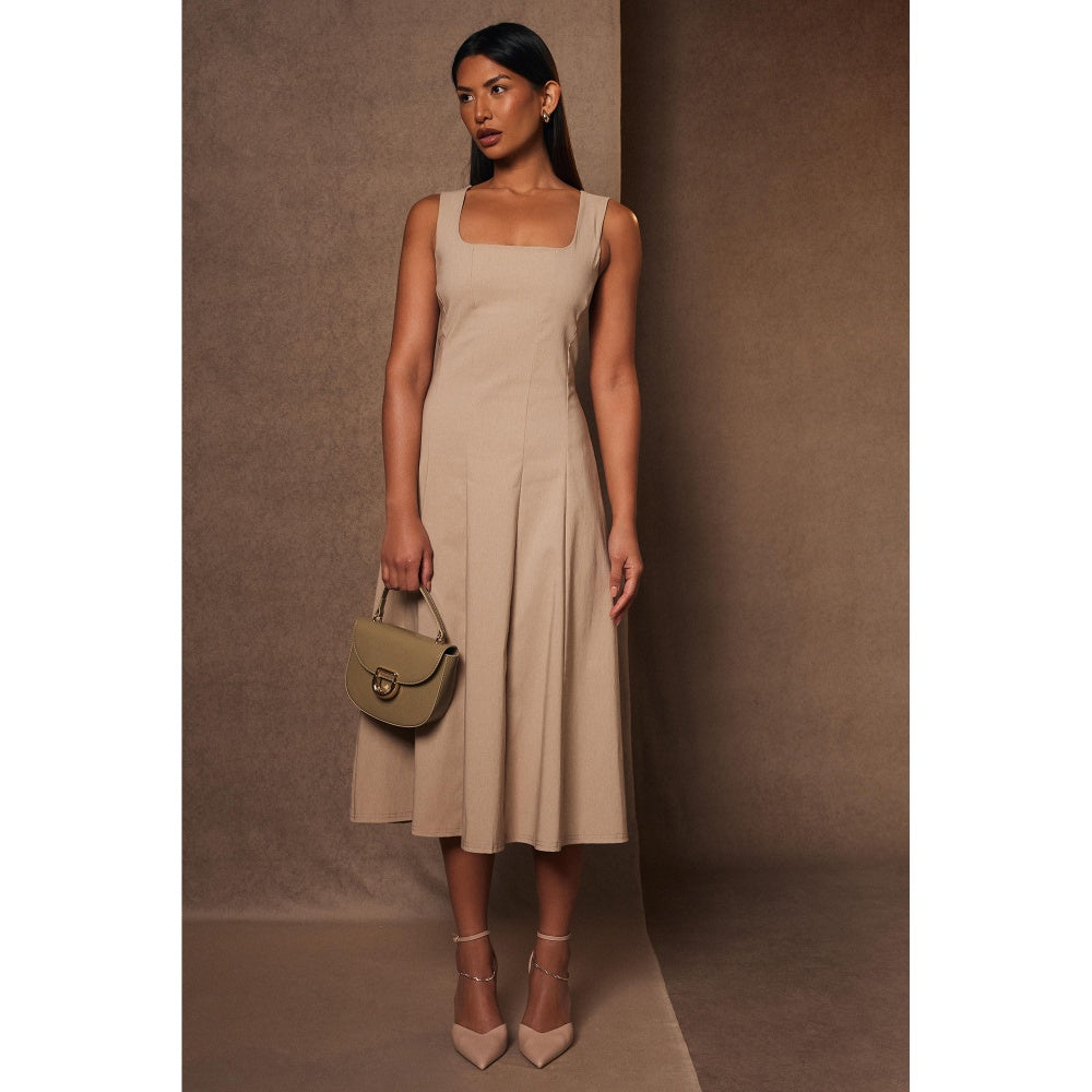 Quiz Clothing Beige Square Neck Sleeveless Fit and Flared Midi Dress