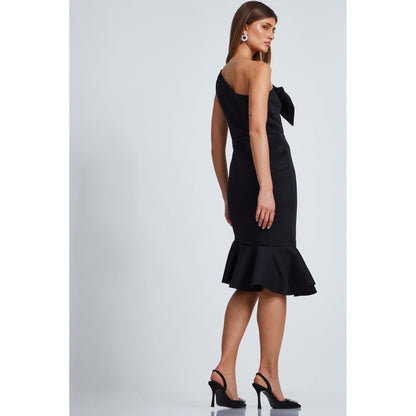 Quiz Clothing Black One-Shoulder Sleevless Peplum with Front Bow Detail Midi Dress
