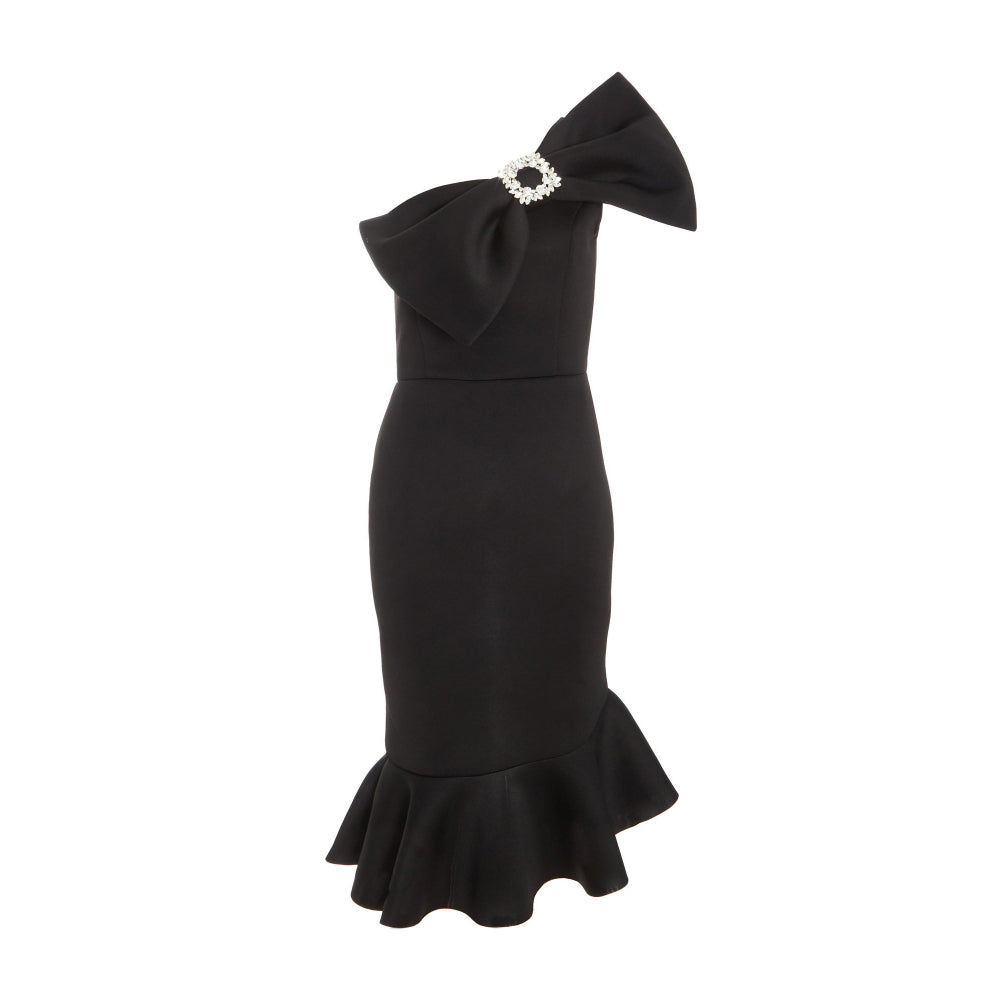 Quiz Clothing Black One-Shoulder Sleevless Peplum with Front Bow Detail Midi Dress