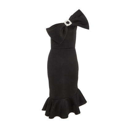 Quiz Clothing Black One-Shoulder Sleevless Peplum with Front Bow Detail Midi Dress