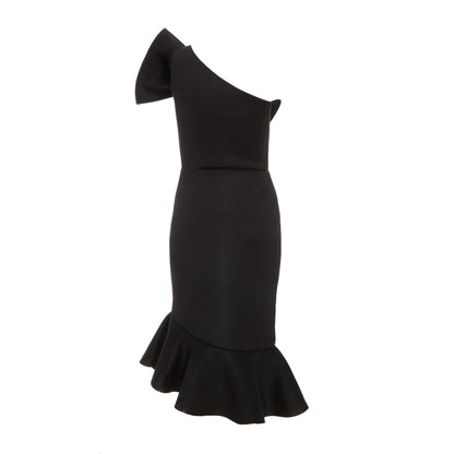 Quiz Clothing Black One-Shoulder Sleevless Peplum with Front Bow Detail Midi Dress