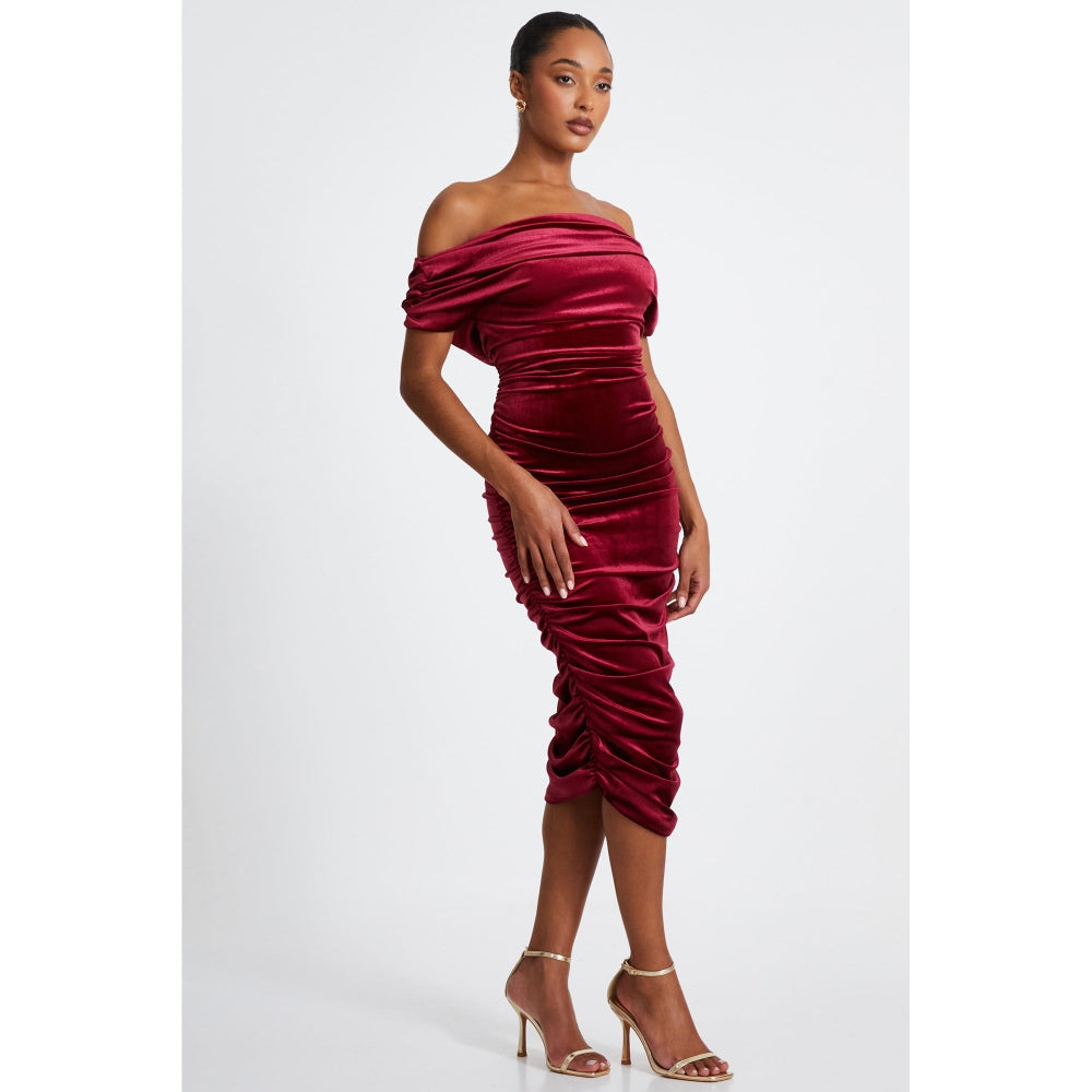 Quiz Clothing Burgundy Off- Shoulder Ruched Bodycon Midi Dress