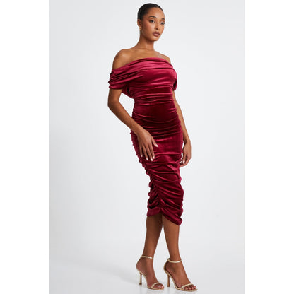 Quiz Clothing Burgundy Off- Shoulder Ruched Bodycon Midi Dress