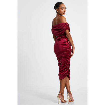 Quiz Clothing Burgundy Off- Shoulder Ruched Bodycon Midi Dress