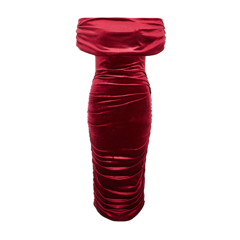 Quiz Clothing Burgundy Off- Shoulder Ruched Bodycon Midi Dress