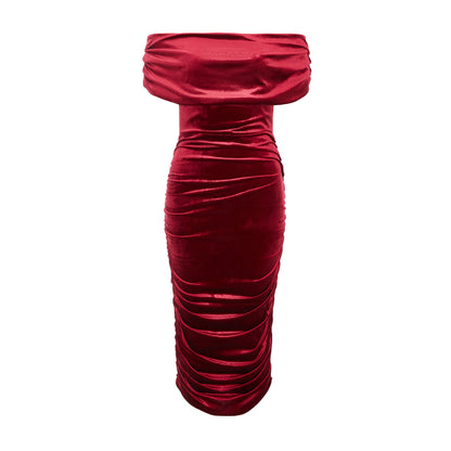 Quiz Clothing Burgundy Off- Shoulder Ruched Bodycon Midi Dress