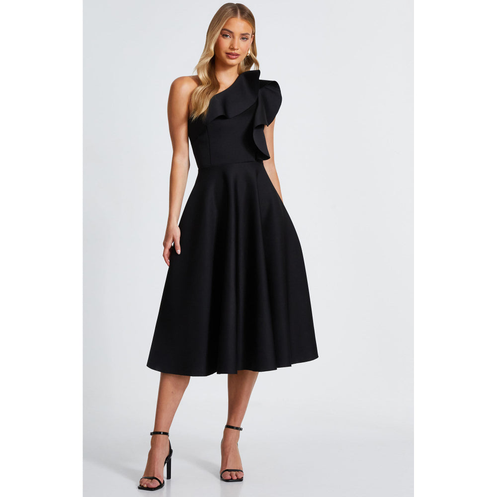 Quiz Clothing Black One-Shoulder Frill Detail Skater Midi Dress