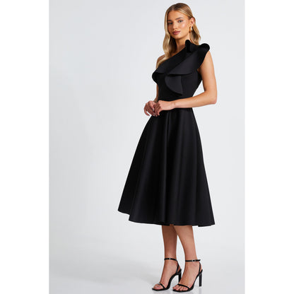 Quiz Clothing Black One-Shoulder Frill Detail Skater Midi Dress