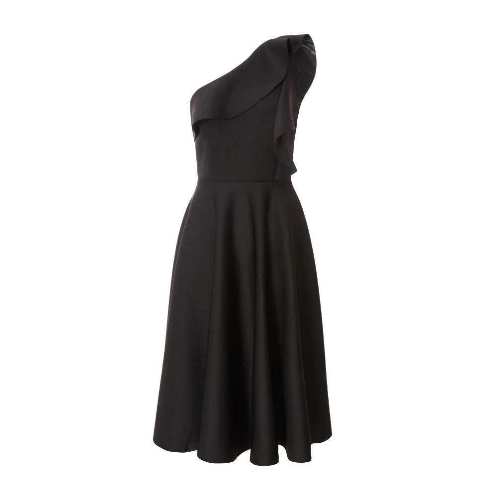 Quiz Clothing Black One-Shoulder Frill Detail Skater Midi Dress