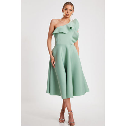 Quiz Clothing Green One-Shoulder Frill Detail Skater Midi Dress