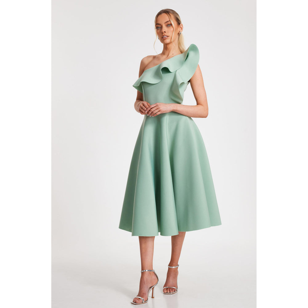 Quiz Clothing Green One-Shoulder Frill Detail Skater Midi Dress