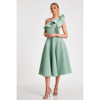 Quiz Clothing Green One-Shoulder Frill Detail Skater Midi Dress