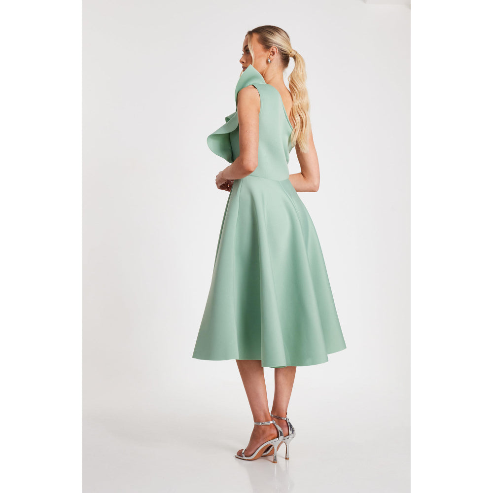 Quiz Clothing Green One-Shoulder Frill Detail Skater Midi Dress