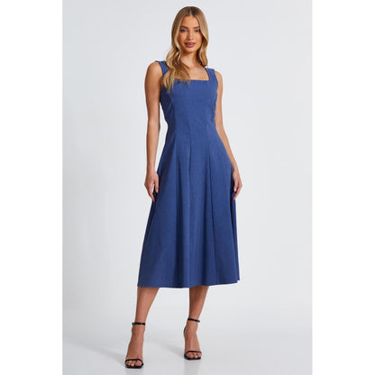 Quiz Clothing Blue Square Neck Sleeveless Fit And Flared Midi Dress
