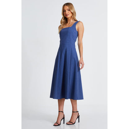 Quiz Clothing Blue Square Neck Sleeveless Fit And Flared Midi Dress