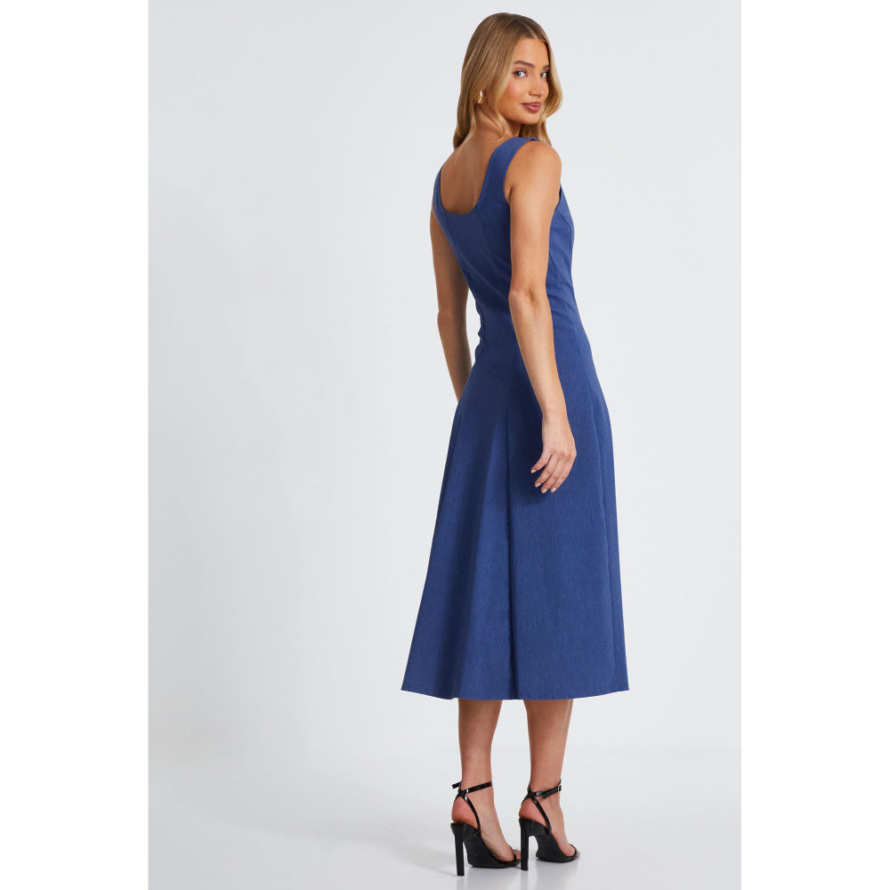Quiz Clothing Blue Square Neck Sleeveless Fit And Flared Midi Dress
