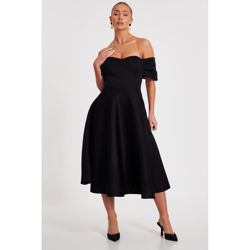 Quiz Clothing Black Off-Shoulder Pleated Skater Midi Dress