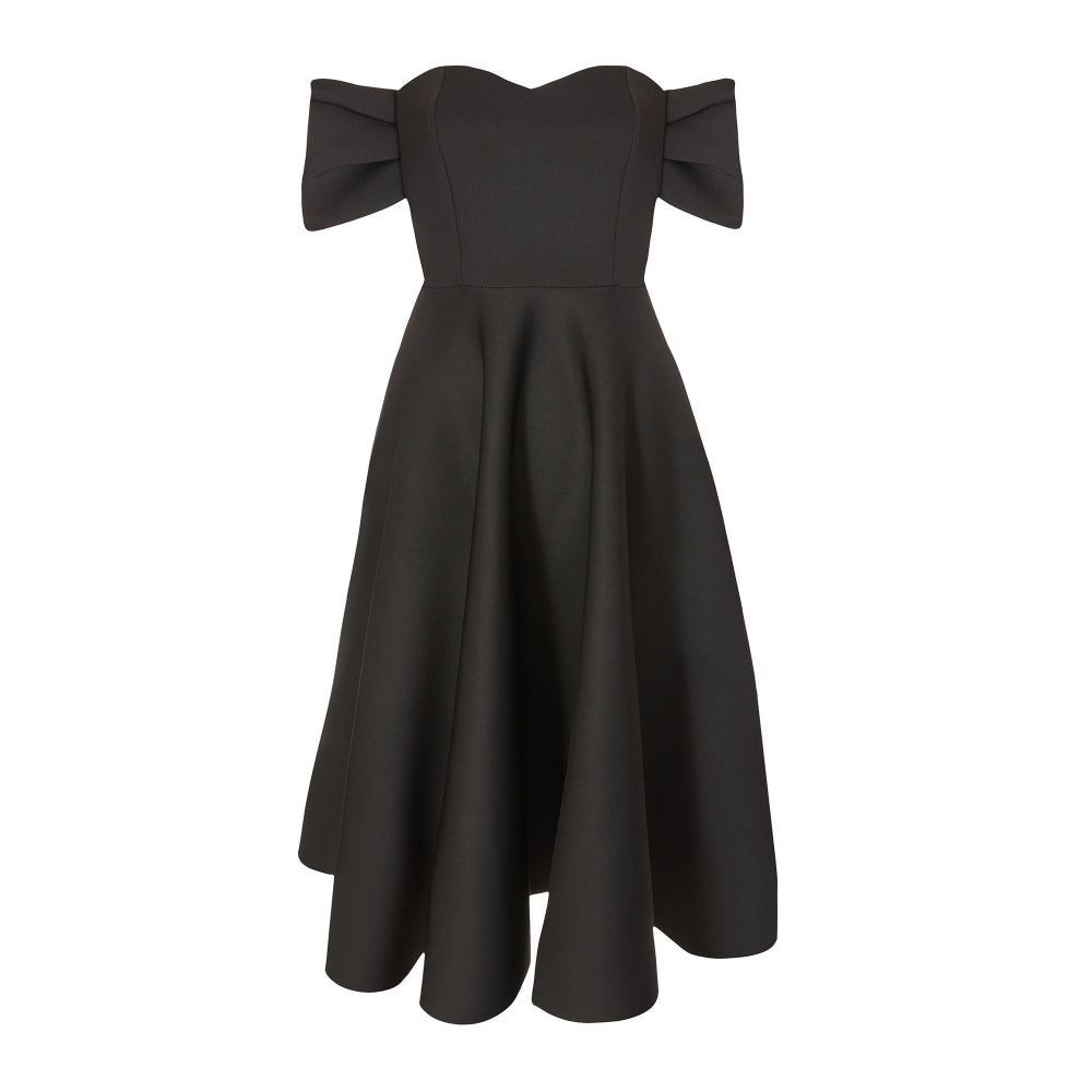 Quiz Clothing Black Off-Shoulder Pleated Skater Midi Dress