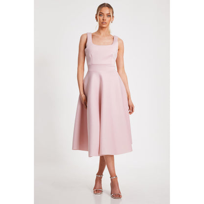 Quiz Clothing Pink Square Neck Sleeveless Pleated Midi Skater Dress