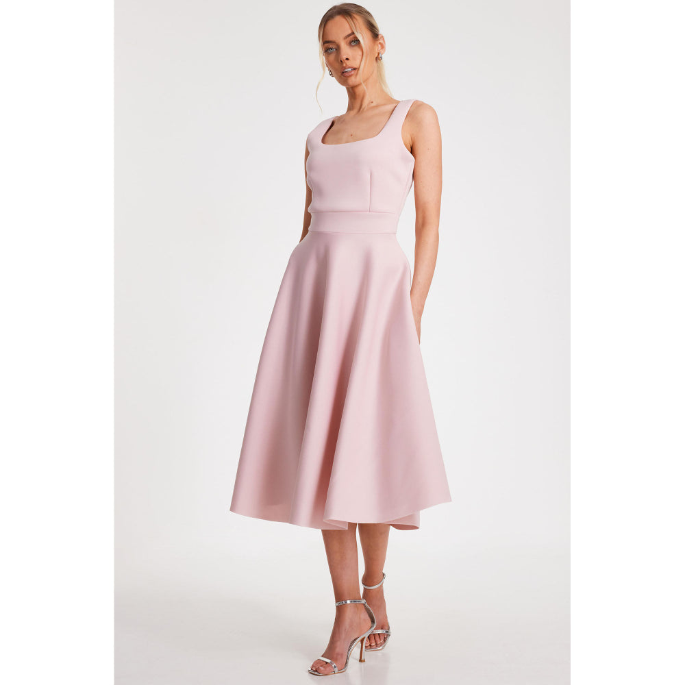 Quiz Clothing Pink Square Neck Sleeveless Pleated Midi Skater Dress