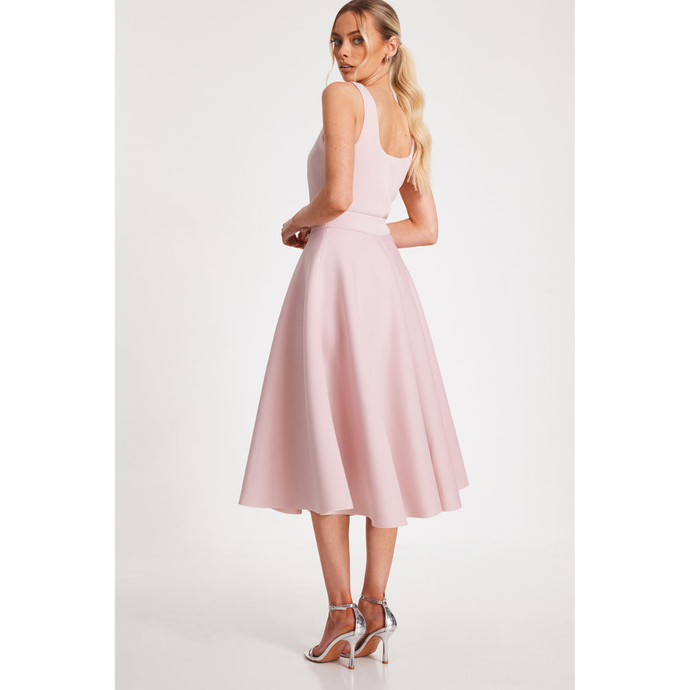 Quiz Clothing Pink Square Neck Sleeveless Pleated Midi Skater Dress