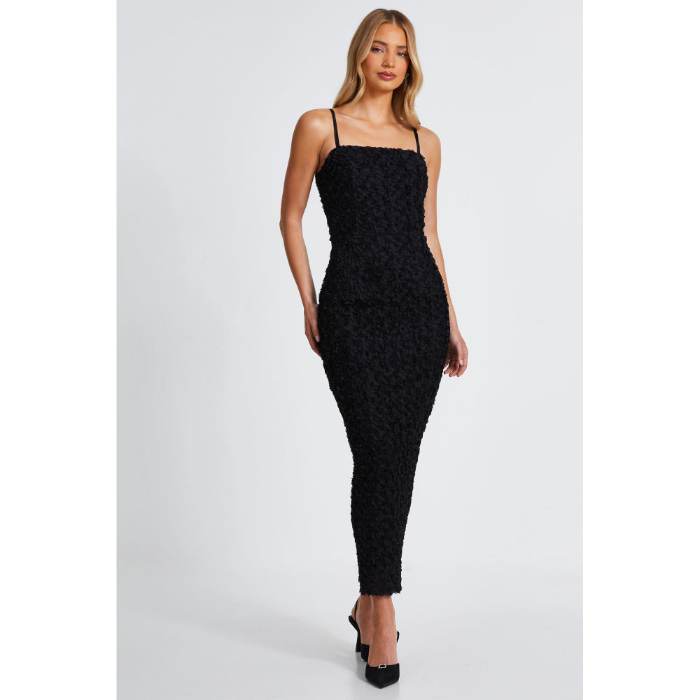 Quiz Clothing Black 3D Flower Design Square Neck Sleeveless Maxi Dress