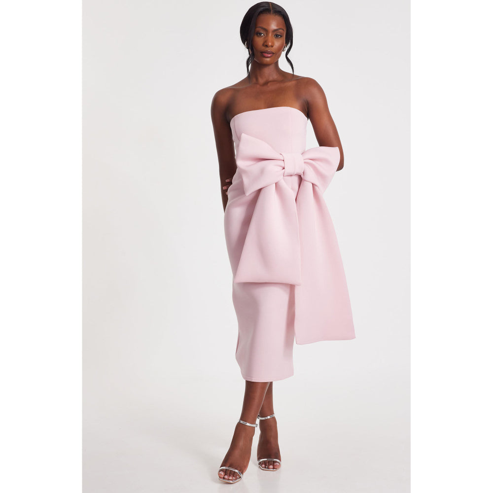Quiz Clothing Pink Tube Front Bow Detail Midi Dress