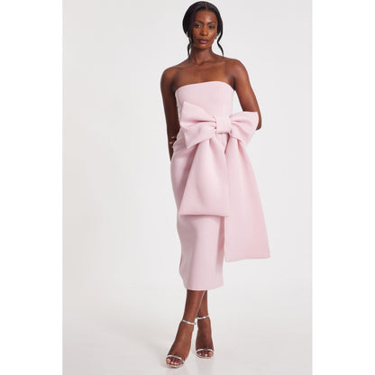 Quiz Clothing Pink Tube Front Bow Detail Midi Dress