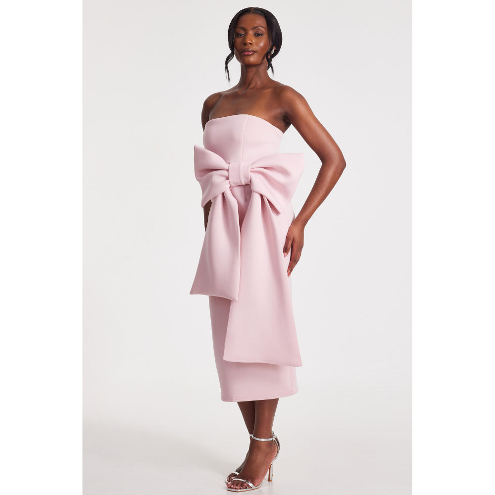 Quiz Clothing Pink Tube Front Bow Detail Midi Dress